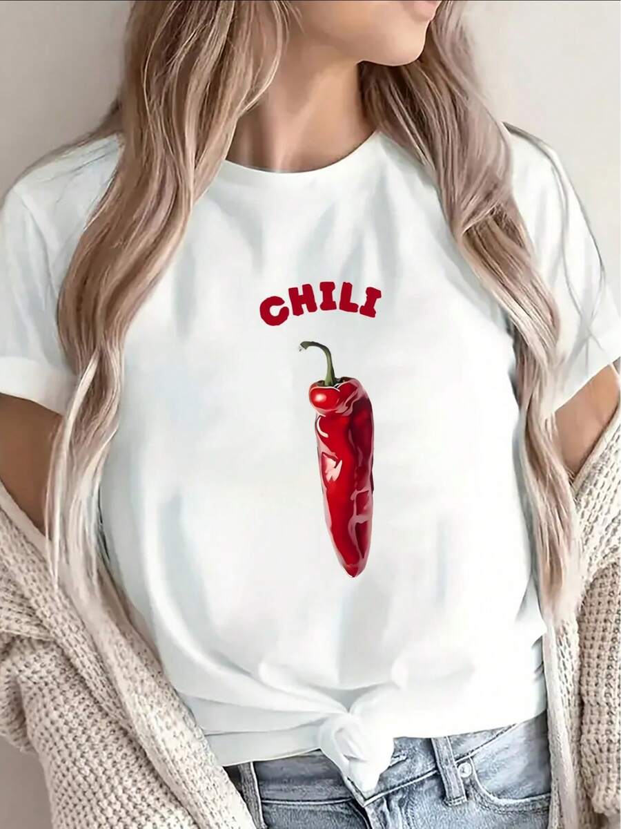Camiseta de manga corta de poliéster negro, decorada con un estampado de chile, es ligera y duradera para uso casual, adecuada tanto para restaurantes como para el hogar, disponible en colores rojo y blanco, de ajuste cómodo. - Blanco - Ver 1