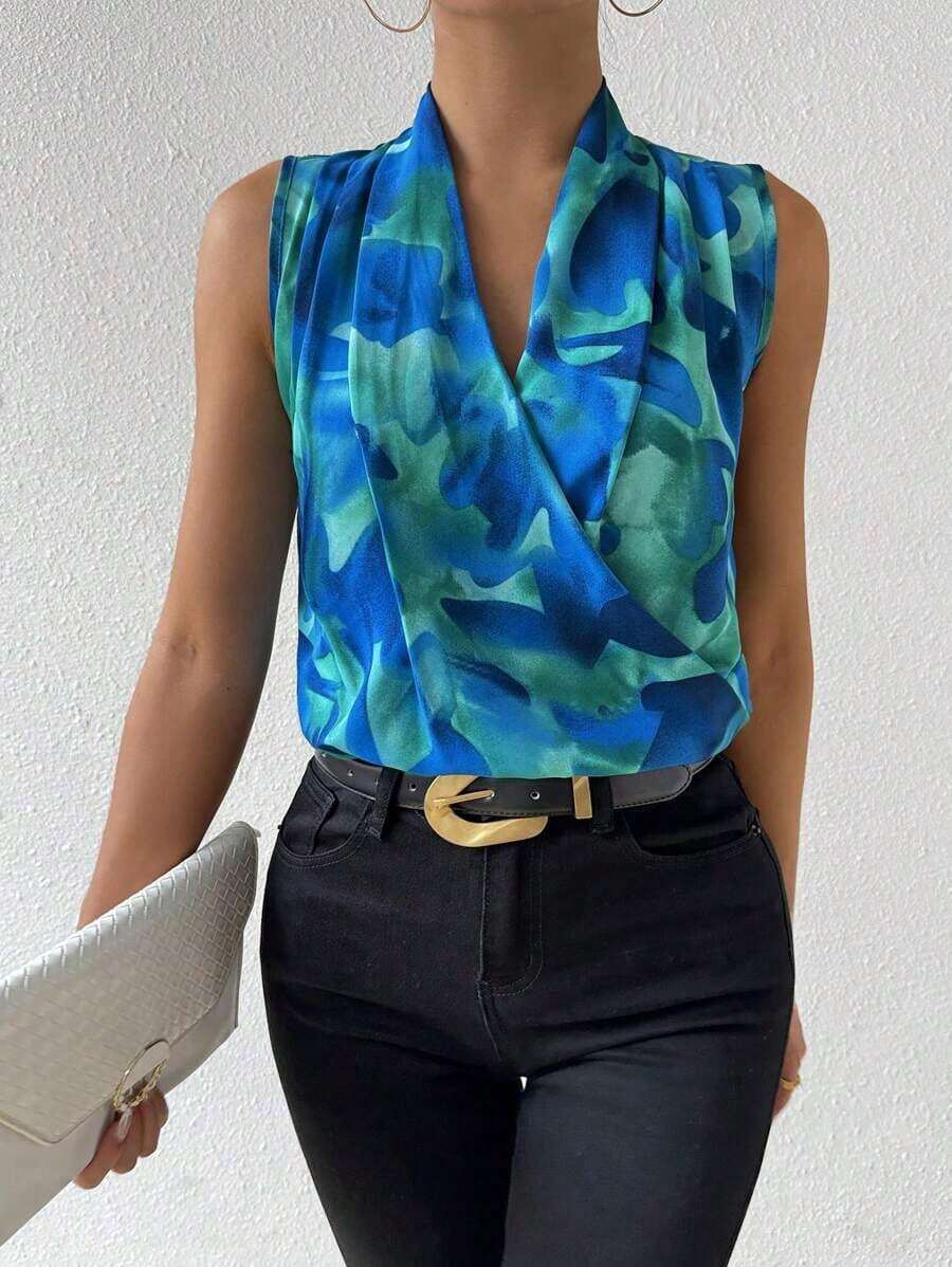sin mangas con escote cruzado teñida anudada para uso diario, blusas sin mangas - Multicolor - Ver 1