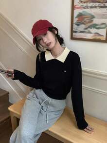 Suéter corto de estilo coreano con cuello de polo para otoño/invierno, jersey ligero, color block, manga larga, jersey de punto casual para mujer - Negro - Ver 4