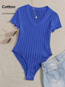 Body De Punto Acanalado Sólido Con Cuello En V Para El Verano - azul real - Ver 7