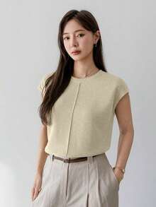 -Less Camiseta informal de manga corta con parches de unicolor para mujeres, estilo casual de negocios de verano - Beis - Ver 5