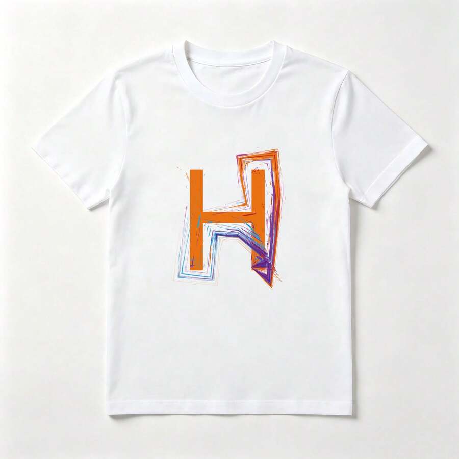 Letra H Dibujada Playera de Algodón Blanca Colorida y Abstracta - Blanco - Ver 1