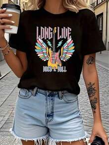 Ropa de mujer a la moda, con un diseño de "alas de guitarra rock", camiseta estampada de manga corta informal, adecuada para el uso diario casual, deportivo y de vacaciones de las mujeres. - Negro - Ver 7
