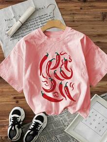 Camiseta de manga corta con cuello redondo y estampado de chile, unisex, estilo casual. - Blanco - Ver 7