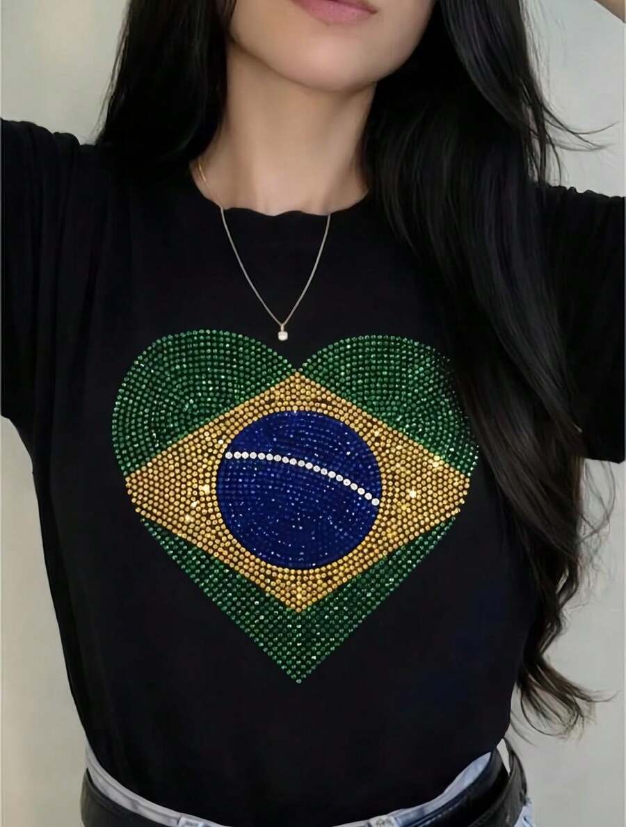 Women's T-Shirt With Brazilian Flag In Rhinestones, World Cup 2026 - 黑色 - 查看 1