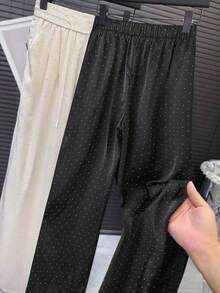 Pantalones rectos de cintura alta con goma elástica de satén, con brillos y anudado a la cintura - Amarillo - Ver 7