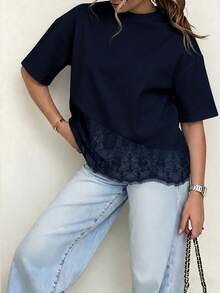 Spring New Solid Color Knit Fabric Lace Patchwork Short Sleeve T-Shirt, Casual, Sports, Office Wear For Spring/Summer - Royal Blue - View 12