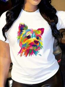 Camiseta de Mujer con Estampado Gráfico de Perro Estilo Pop Art Colorido - Manga Corta, Cuello Redondo, Estilo Casual con Estampado Abstracto Vibrante, Camiseta Negra Semitransparente para Verano y Primavera, Lavable a Máquina, Camiseta de Perro, Tela Semitransparente Adecuado como regalo. playera de mujer. blusas>elegantes. boho chic,Top de mujer suave, transpirable y cómodo, ideal para primavera, verano y otoño, perfecto para vacaciones, viajes y uso diario. - Blanco - Ver 6