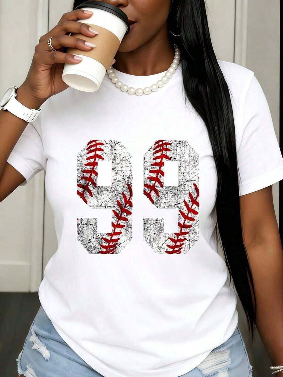 Women's Baseball T-Shirt With Number 99, Mexican Art Design, Casual Sporty Style, Graphic Design, White, Short Sleeve, For Fans And Players, Summer Clothing, Cotton T-Shirt For Matching Families - 白色 - 查看 1
