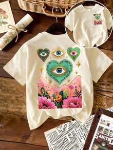Plus Size Women's Casual Short Sleeve Crew Neck T-Shirt With Colorful Floral And Eye Print, Loose Fit, Stretch Fabric, Summer Bohemian Style, 100% Cotton - 杏色 - 查看 4