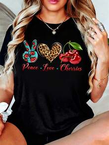 Camiseta Peace Love Cherry Negra con Estampado de Leopardo y Love Cherry, Ropa Casual - Estilo Urbano Vintage, Unisex, de Algodón, Manga Corta, Cuello Redondo - Negro - Ver 7