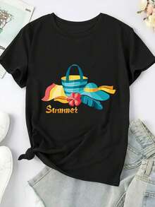 Talla - Camiseta Elástica de Talla para Mujer - Camiseta Casual Elástica para Playa, Estampado Floral Tropical, Top Suave para Uso Diario en Verano, Ropa Casual y de Vacaciones para Mujer, Moda de Primavera, Diseño Vibrante, Material Cómodo, Camiseta de Manga Corta, Para Entusiastas de - Camiseta Unisex de Algodón de Manga Corta y Cuello Redondo, Estilo Vintage Urbano y Holgado - Negro - Ver 2
