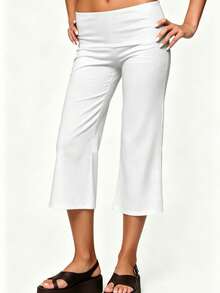 Womens Low Rise Capri Pants Fold Over Waistband Solid Color Slim Fit Cropped Pants Trousers - 白色 - 查看 2