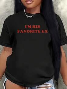 Camiseta de manga corta, estampada con las palabras "SÉNDO SU EX FAVORITO" - perfecta para salidas informales, cenas o para relajarse en casa - ligera, duradera, cómoda, con un diseño estampado en rojo.blusa casual mujer - Negro - Ver 1