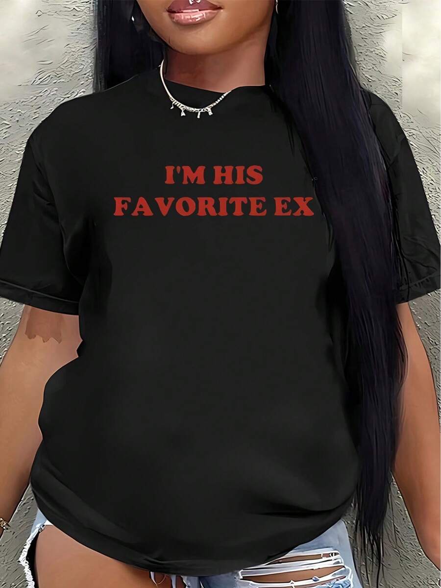 Camiseta de manga corta, estampada con las palabras "SÉNDO SU EX FAVORITO" - perfecta para salidas informales, cenas o para relajarse en casa - ligera, duradera, cómoda, con un diseño estampado en rojo.blusa casual mujer - Negro - Ver 1