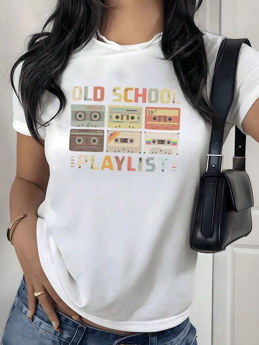Retro Cassette Graphic Print T-Shirt, 180g, 1 Piece, Vintage Music Theme, Women's Casual T-Shirt 100% Cotton, Streetwear Style - 白色 - 查看 1
