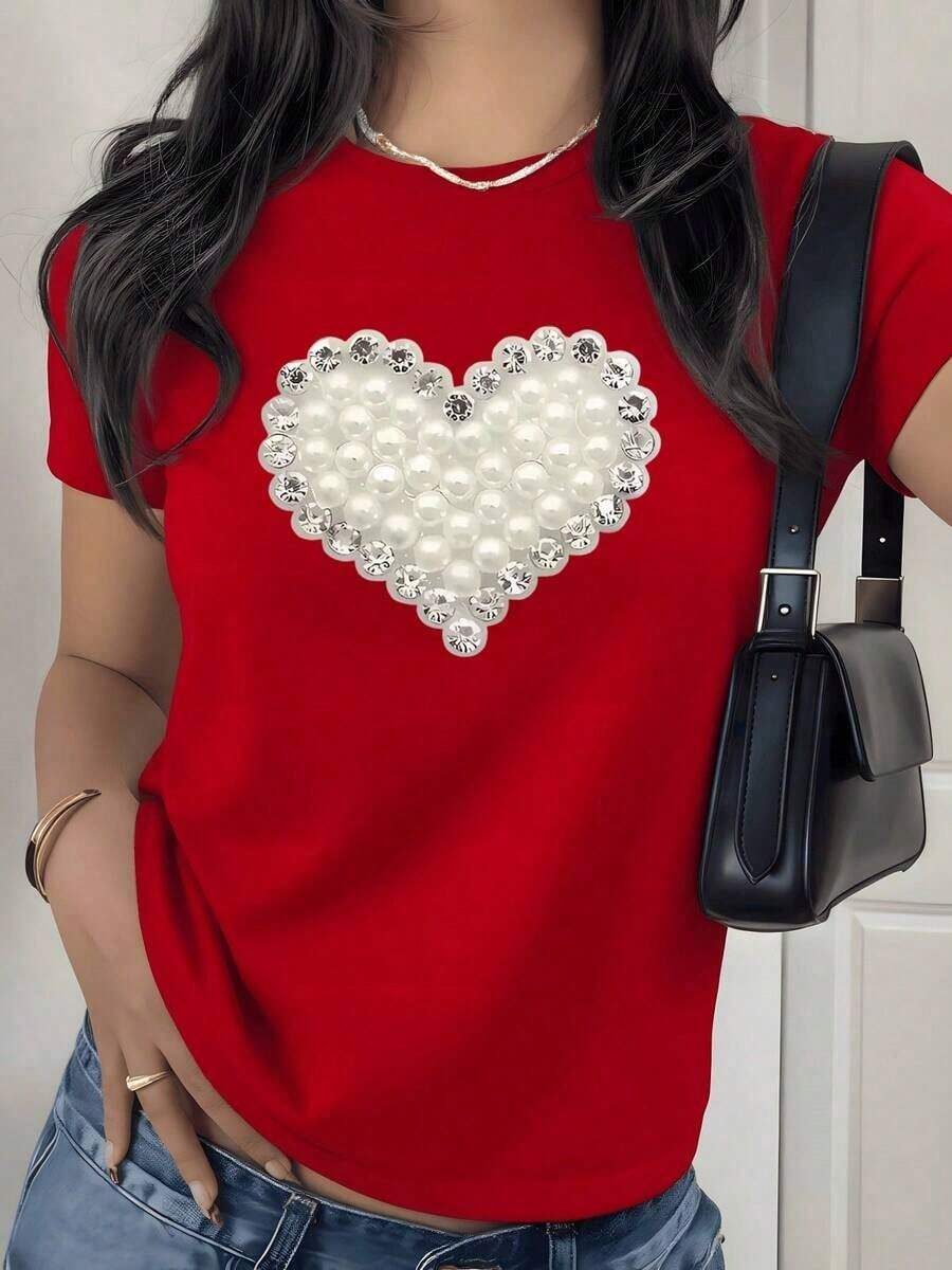 Camiseta con Estampado Gráfico de Corazón y Perlas de Imitación, 180g, 1 Pieza, Camiseta Casual de Mujer con Corazón Decorado, 100% Algodón, Estilo Chic y a la Moda - Rojo - Ver 1