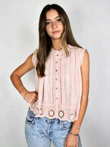 Women Boho Lace Trim Tank Top Sleeveless Button Down Front Tie Lace Babydoll Tops Flowy Crop Top Beach Vacation Tops - 粉色 - 查看 3