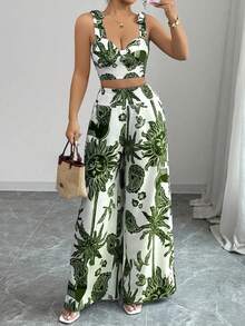 Conjunto-obra de autor de tirantes, estampado único, silueta relajada, minimalismo fresco, pieza esencial para el guardarropa de verano consciente - Verde - Ver 6