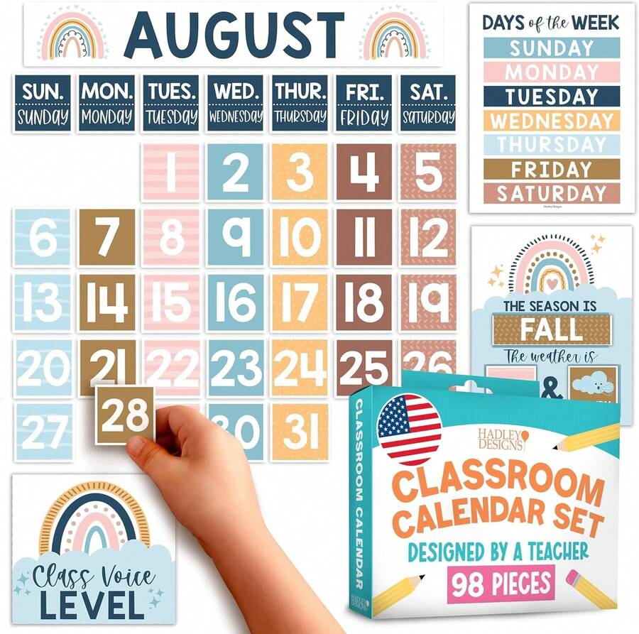 Hadley Designs Classroom Calendar Set Bulletin Board Decorations - Boho School Calendar For Classroom Decor, Kindergarten Preschool Elementary Teacher Must Haves, Homeschool &Amp; Daycare Essentials - ColorC - 查看 1