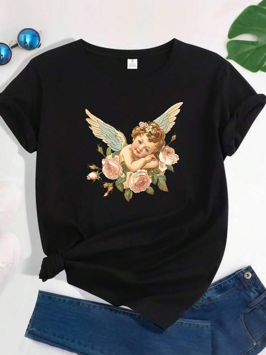 Camiseta de mujer: Una camiseta con un bonito estampado de ángel, popular en verano, transpirable, cómoda, deportiva y casual, de manga corta, ropa de mujer. - Negro - Ver 1