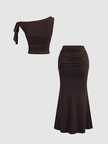 Conjunto de 2 piezas de top sin mangas con decoración de flor metálica de color café y falda de cola de pez para mujer, para otoño/invierno - Café integral - Ver 2