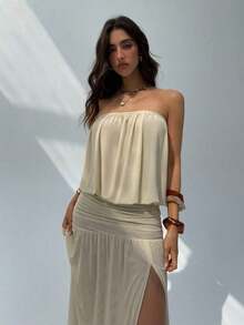 2026 Vestido sin tirantes y sin espalda de color albaricoque para mujer, vestido largo de diseño minimalista con pliegues, vestido fluido, vestido transparente para mujer para primavera y verano, vestido de playa, atuendos de vacaciones en la playa, vestidos de verano amarillo mantequilla para mujeres - Albaricoque - Ver 6