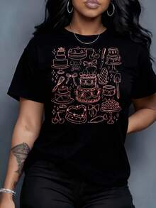 Playeras de mujer de algodón, camiseta gráfica Cake Lover, top casual de moda para mujer, diseño de postre dulce, estampado de contorno rosa, estilo streetwear unisex, 220g, para ocio, hogar, exterior, regalo para el Día de San Valentín, fiesta, >ropa - Negro - Ver 5