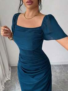 XHESHEIN Elenzya Vestido elegante y romántico de manga corta con cuello cuadrado ajustado para mujerXHE - Agua verde azul - Ver 6