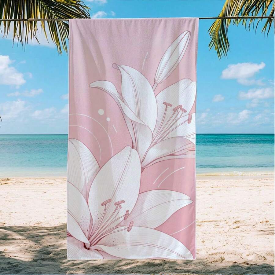 Large Quick-Dry Absorbent Beach Towel With Pink Lily Flower Pattern, Suitable For Men And Women, Swimming Pool, Spa, Travel, Summer Accessory - Multicolor - View 1