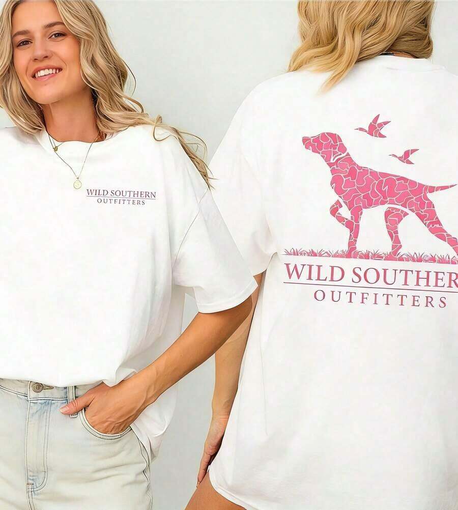 [100% Algodón] Camiseta de Caza para Perro con Estampado de Camuflaje Rosa, Camiseta Wild Southern, Camiseta con Estampado Gráfico Simple - Blanco - Ver 1