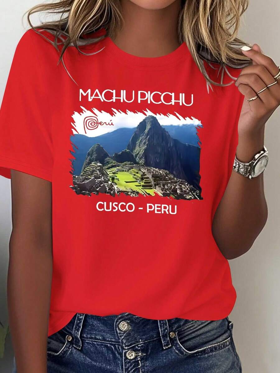 Women's Pure Cotton Printed T-Shirt, Featuring Machu Picchu, Peru, Casual Short-Sleeved Blouse, Comfortable And Versatile For Women. - 紅色 - 查看 1