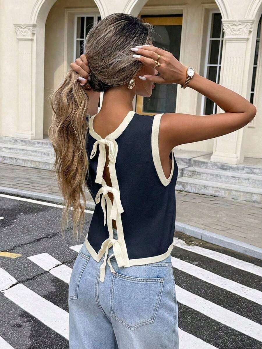 Suéter sin mangas con cordón de color contrastante para mujer - Azul marino - Ver 1