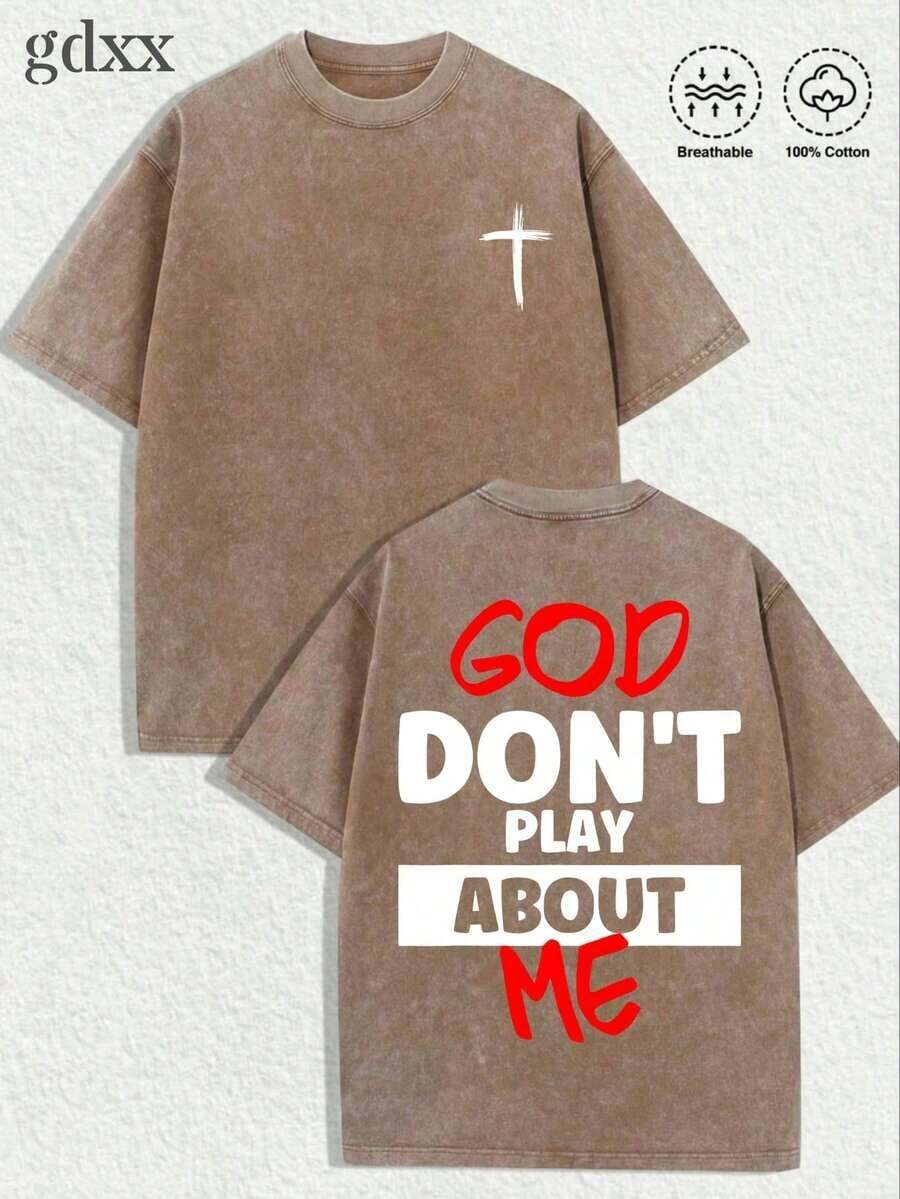 Camiseta Cristiana Vintage Lavada de Talla Grande, con Estampado "God Don't Play About Me", Camiseta con Gráfico de Dios Cristiano, Corte Holgado, 230g de Algodón Puro para Hombre, A - Café integral - Ver 1