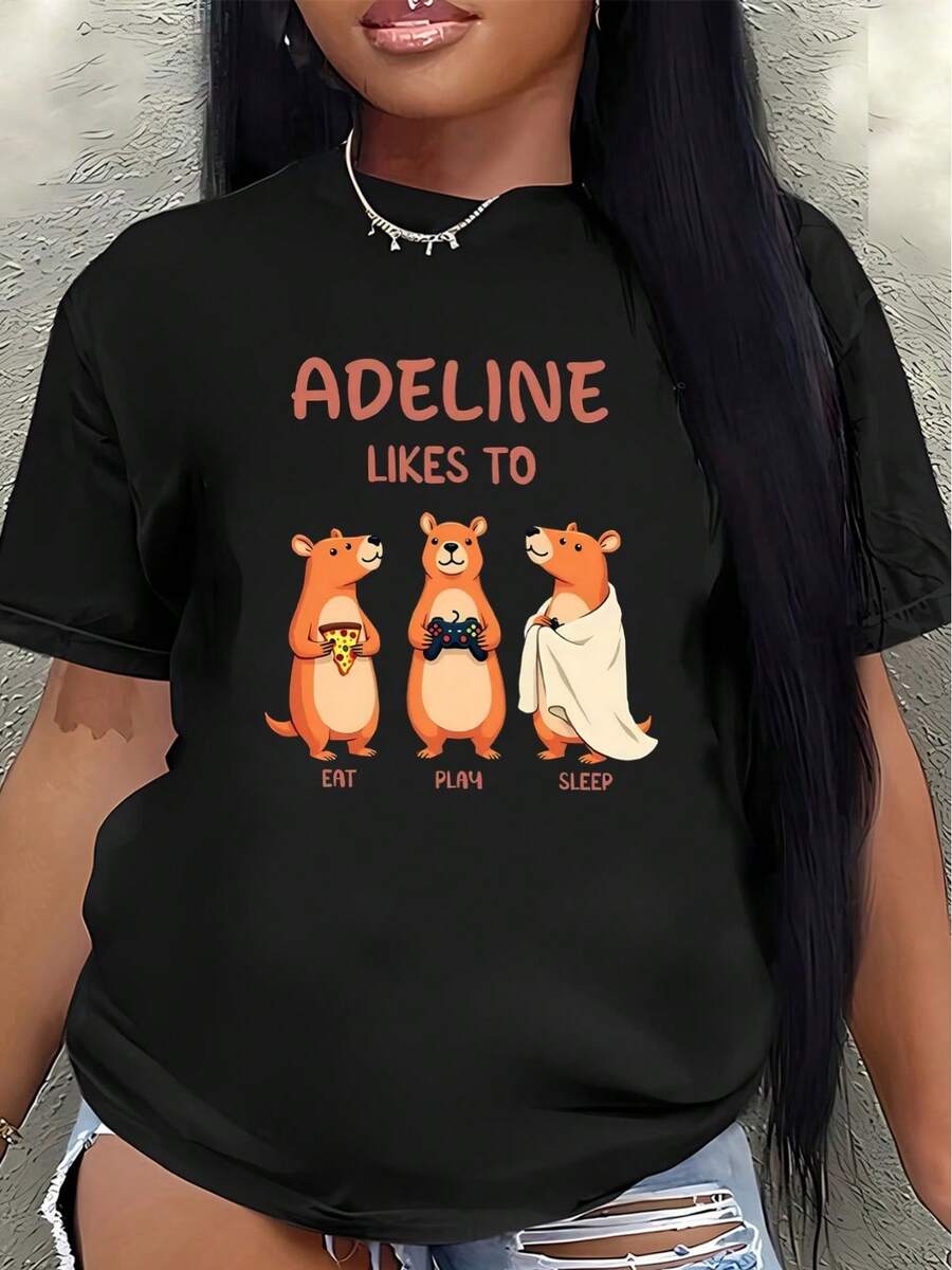 Camiseta de manga corta de poliéster para mujer, con un adorable diseño de hámster que le encanta a Adeline, es ligera y duradera, adecuada para uso casual en casa o en restaurantes, con colores y estilos cómodos. - Negro - Ver 1