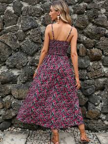 Vestido tirantes estampado escote en V cintura marcada estilo europeo - Morado - Ver 6