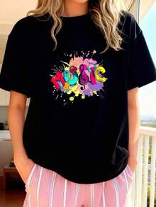 1 Women's Music-Themed T-Shirt - Retro T-Shirt With Guitar, Headphones, And Musical Notes Design - Stretchy T-Shirt For Everyday Wear, Concerts, Parties, And Casual Outfits - Sizes S-XL - Gift For Music Lovers, Party Favors - 180g 100% Cotton - 黑色 3 - 查看 1