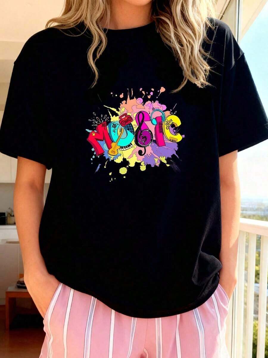 1 Women's Music-Themed T-Shirt - Retro T-Shirt With Guitar, Headphones, And Musical Notes Design - Stretchy T-Shirt For Everyday Wear, Concerts, Parties, And Casual Outfits - Sizes S-XL - Gift For Music Lovers, Party Favors - 180g 100% Cotton - 黑色 3 - 查看 1