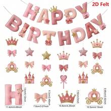 2D Flat Princess Castle Happy Birthday Felt Banner, 2D Flat Pink Fairy Tale Theme Party Decoration Garland, With Crown, Carriage, Bow And Star Decorations, Cute Princess Style Hanging Decor Suitable For Birthday Party, Baby Shower, Bedroom Wall Decor - A - View 7