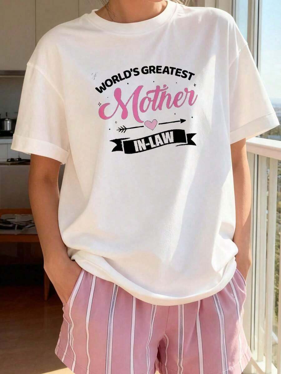 1 pieza de camiseta holgada para mujer con diseño de "Madre de la Novia", de manga corta casual con estampado de corazón cálido, top versátil para regalo de vacaciones y como recuerdo conmemorativo. 180g Algodón 100%. - Blanco 1 - Ver 1