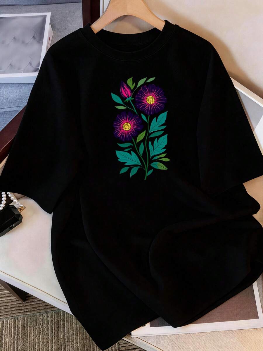 ¡Oferta por tiempo limitado, unidades limitadas, relámpago! Camisas casuales para mujer, camisetas de poliéster para mujer, camisas elegantes.Camisetas de verano casuales de manga corta para mujer, flores moradas con hojas verdes, uso diario y agradable para la piel | Top para mujer | Top ligero de verano - Negro - Ver 1