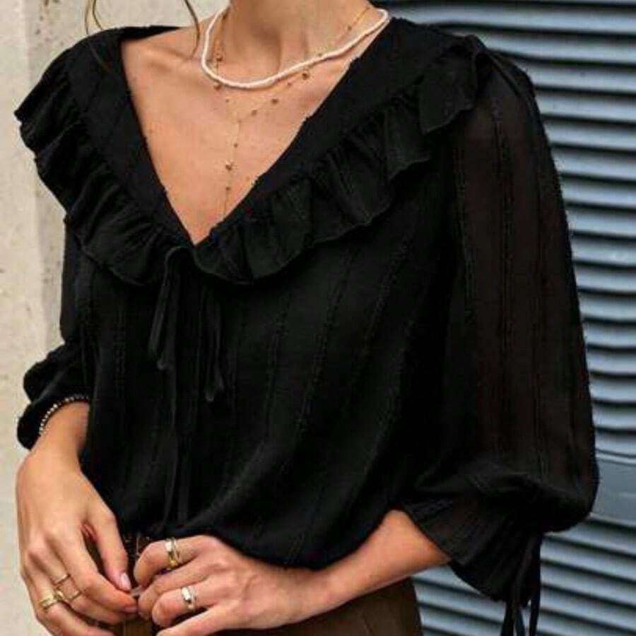 Blusa holgada con cuello en V con volantes, de manga 3/4, nueva llegada de primavera/verano con estilo romántico francés para mujer - Negro - Ver 1