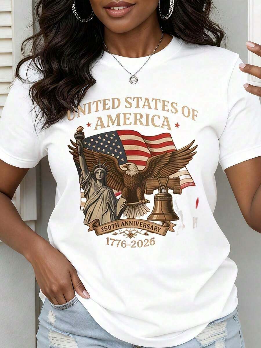 Women's Short-Sleeved White T-Shirt With Design For The 250th Anniversary Of The United States Of America 1776-2026, Statue Of Liberty, Eagle, American Flag, Liberty Bell, Independence Day Celebration. - 白色 - 查看 1