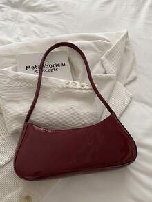 Bolsa de Axilas Brilhante de PU Fashion, Bolsa de Ombro Elegante Feminina com Laço e Decoração Metálica, Bolsa Minimalista de Cor Sólida Adequada para Festa, Encontro, Uso Casual Diário - Vinho - Visão 5