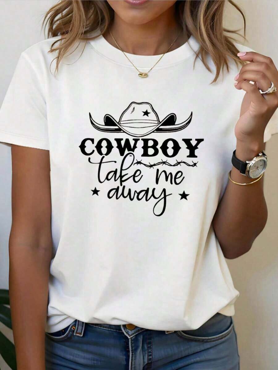 ComfortableCamiseta COWBOY Take Me Away con estampado de letras, manga corta y cuello redondo, top casual para verano y primavera, ropa de mujerFashion All-match Women's Short Sleeve T-shirt - Blanco - Ver 1
