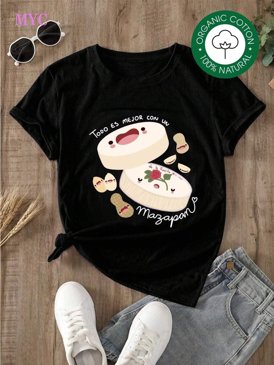 Oversize, Manga CortaMYNOVA C 1 pieza Camiseta de Algodón Suave para Mujer con Estampado de Pastel Matcha, Algodón, Diseño Kawaii, Perfecta para Regalar a Amigas y Familiares, Ideal para el Día de la Madre, Moda Primavera Verano, Ropa Casual, Ajuste Cómodo, Vestidos de Mujer a la Moda para Verano, Casual, Perfecta para Todas las Temporadas, Tallas S M L XLAlgodón 100% - Negro - Ver 1