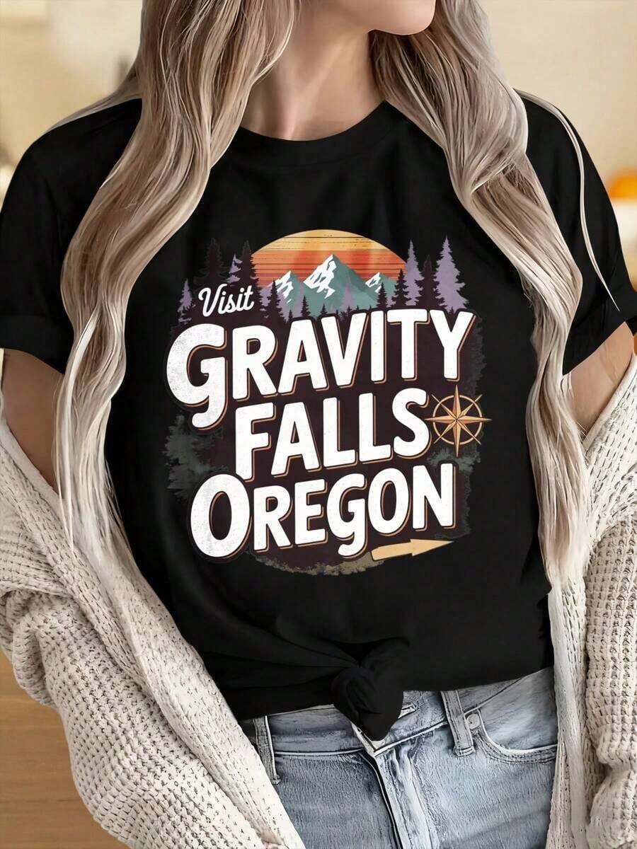 Camisetas para Mujer y Hombre con Cuello Redondo y Mangas Cortas, Diseño Vintage de Paisaje Montañoso de Gravity Falls, Camiseta Negra de Cuello Redondo para Mujer, Estampados Divertidos Ideales para Fiestas de Navidad, Actividades Deportivas, Fiestas de Vacaciones, Salidas, Deportes y Otros Regalos Festivos. - Negro - Ver 1