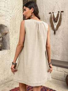 Vestido corto de verano casual y suelto con cuello en V y sin mangas para mujer - Beis - Ver 2