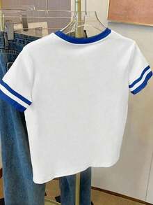 Camiseta de mujer 100% algodón con estampado gráfico de corazón y amor, cuello redondo, contraste de color blanco y negro, bloques de color y rayas - Multicolor 15 - Ver 2