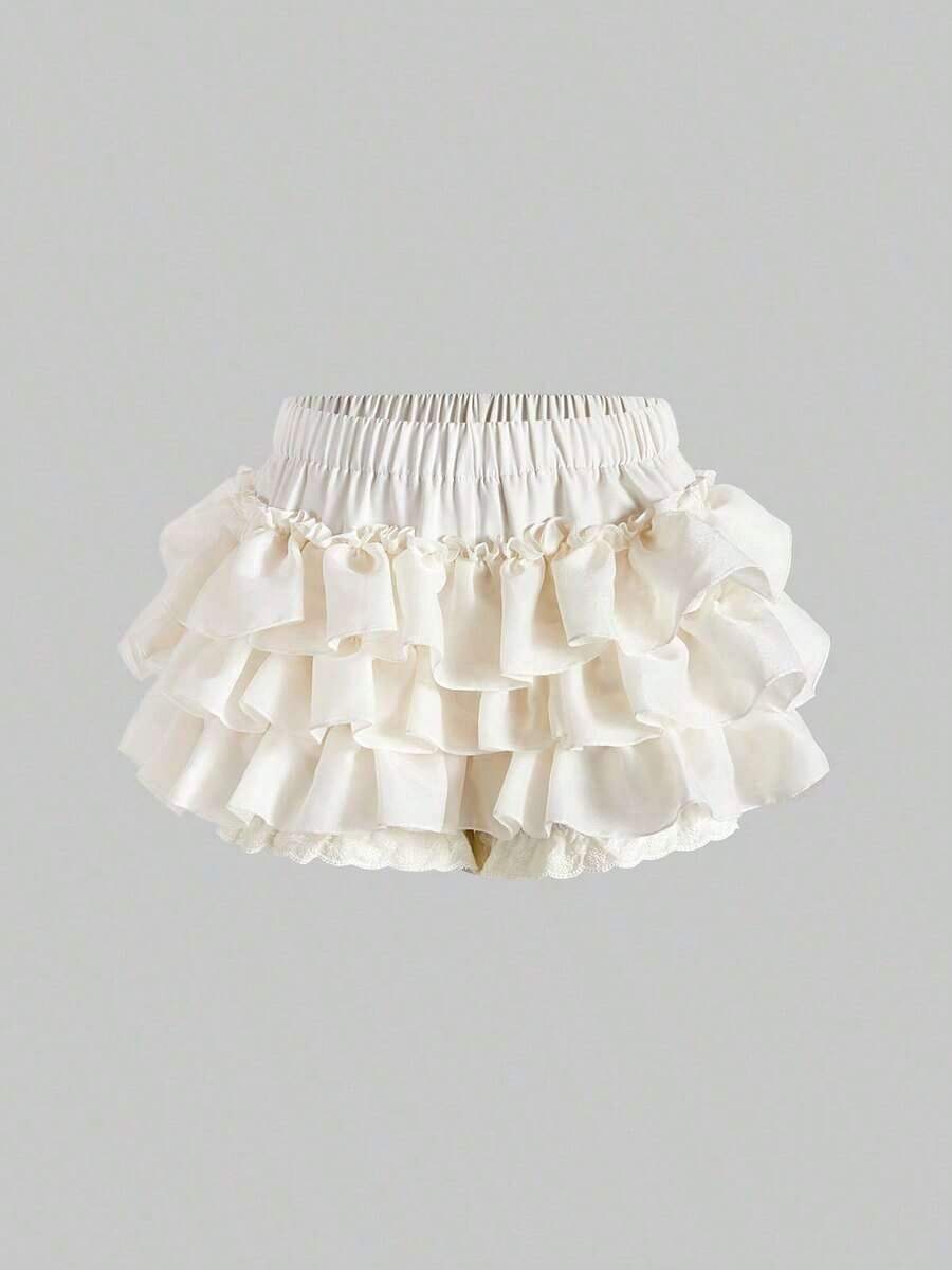 Kawaii Falda pantalón con volantes de color contrastante para mujer - Albaricoque - Ver 1